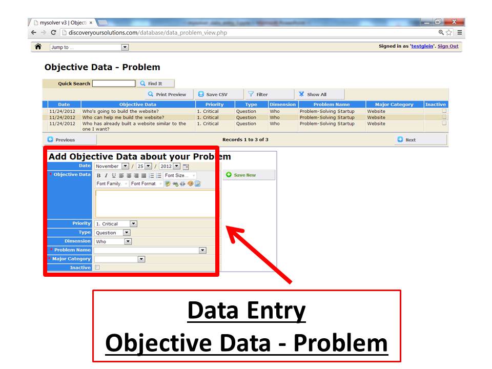 Data Entry Form for the MySolver™ database