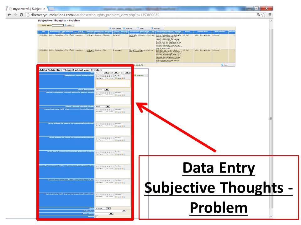 Data Entry Form for Subjective Thoughts about your Problem in the MySolver™ database