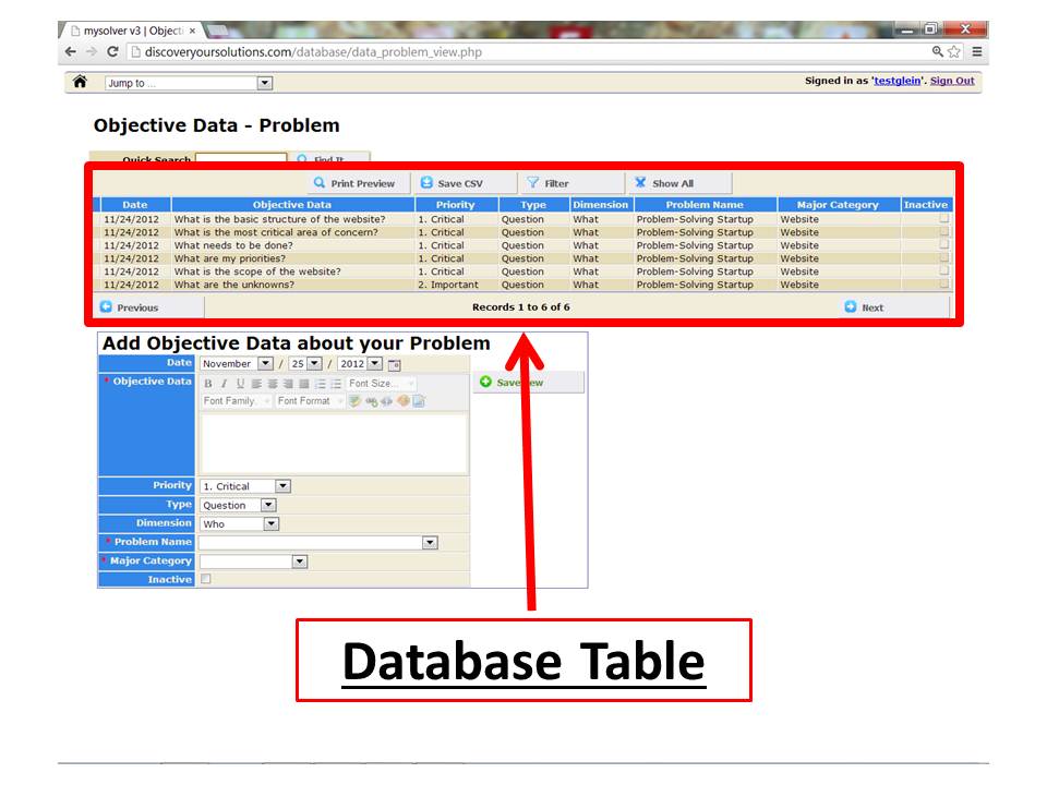 Database Table for the MySolver™ database