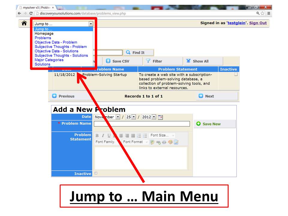 Screenshot of the 'Jump To...' Main Menu for the MySolver™ database.