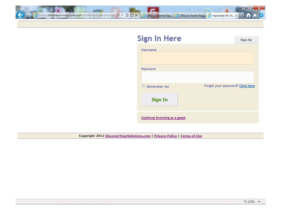 MySolver™ Login screen