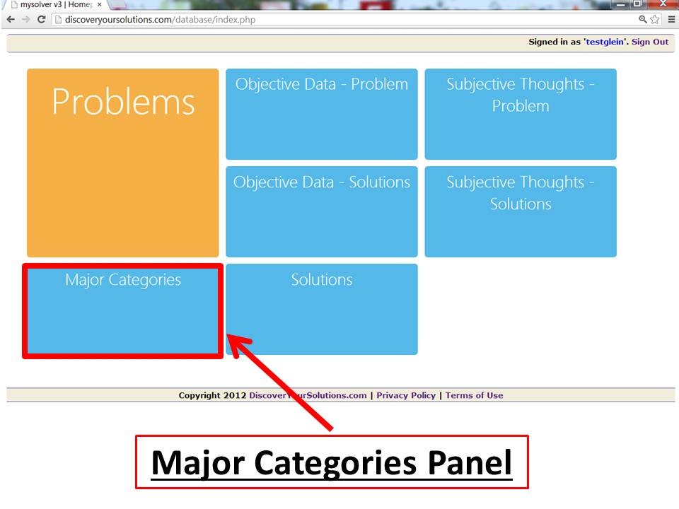 Screenshot of the Main Menu for the MySolver™ database with the Major Categories panel outlined.