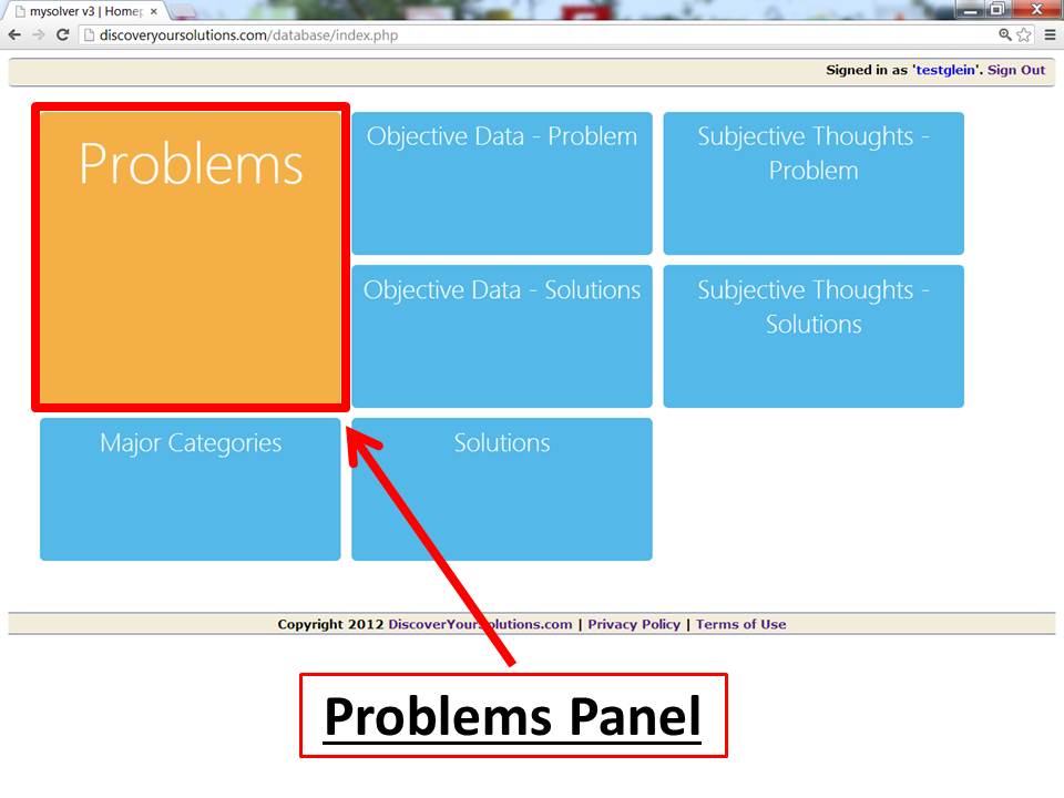 Screenshot of the Main Menu for the MySolver™ database with the Problem panel outlined.