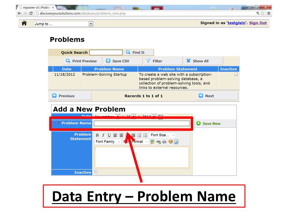 Screenshot of the MySolver™ data entry form for 'Add a New Problem'.