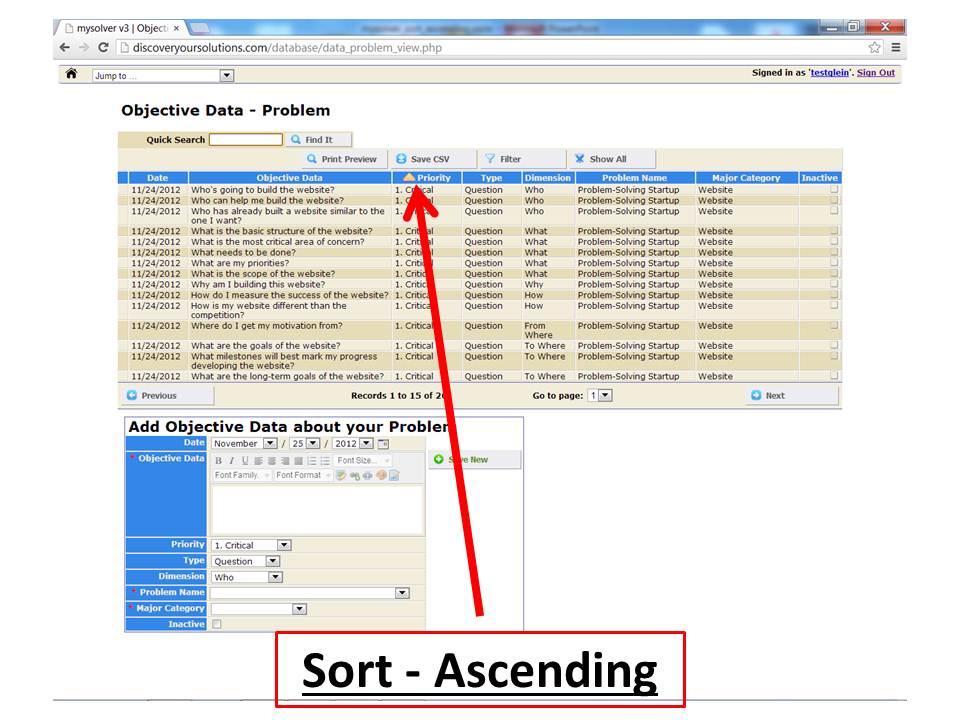 Sorting for the MySolver™ database