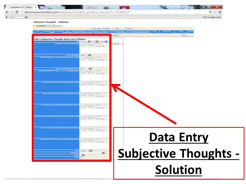 Data Entry Form for Subjective Thoughts about your Problem in the MySolver™ database