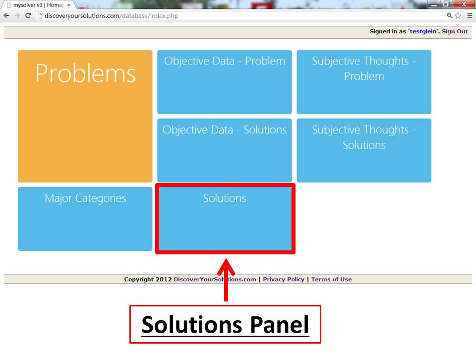 Screenshot of the Main Menu for the MySolver™ database with the Solutions panel outlined.