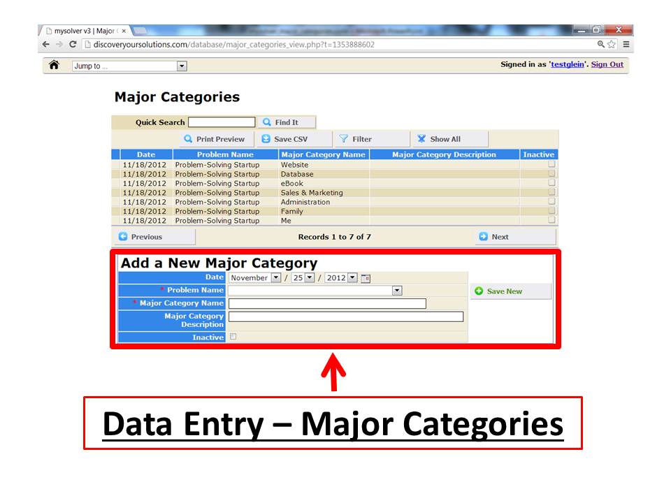 Screenshot of the MySolver™ data entry form for 'Add a New Major Category'.