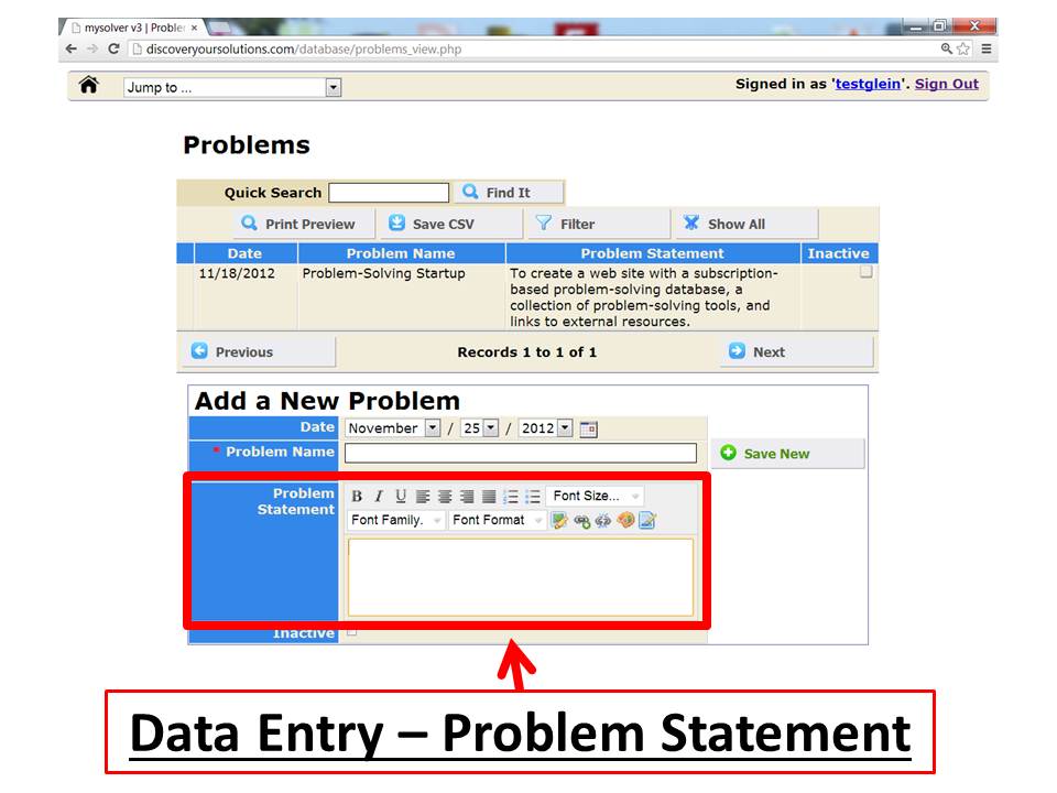 Screenshot of the MySolver™ data entry form for your problem statement.