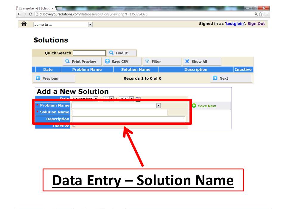 Screenshot of the MySolver™ data entry form for 'Add a New Solution'.